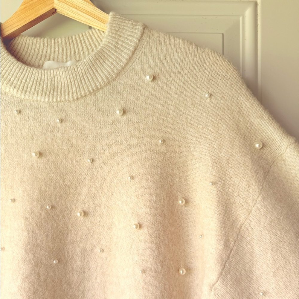 H&M Woman’s Embellished Pearl Beaded Wool Blend Cozy Boxy Sweater